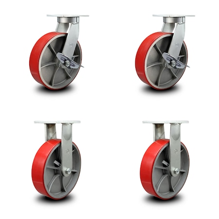 Service Caster 10 Inch Heavy Duty Red Poly on Metal Caster Swivel Lock/Brake 2 Rigid, 2PK SCC-KP92S1030-PUR-RS-SLB-BSL-2-R-2
